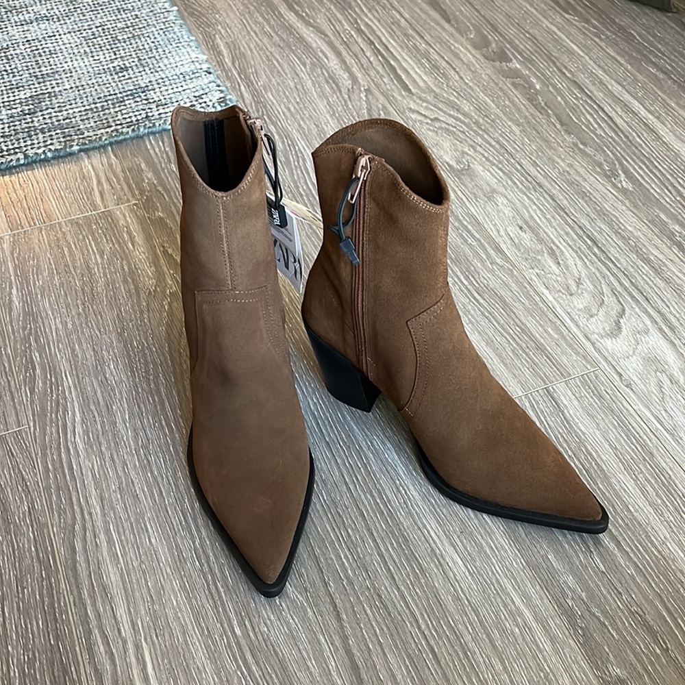Zara suede leather brown cowboy western ankle boots NWT!!